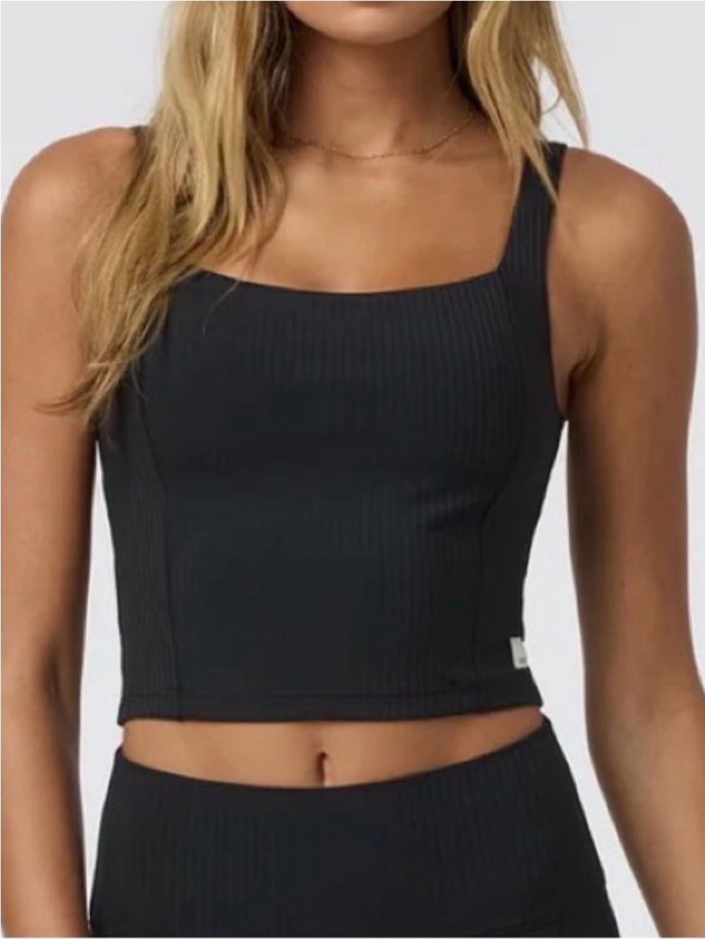 Vuori Black Ribbed Square Neck Crop Tank